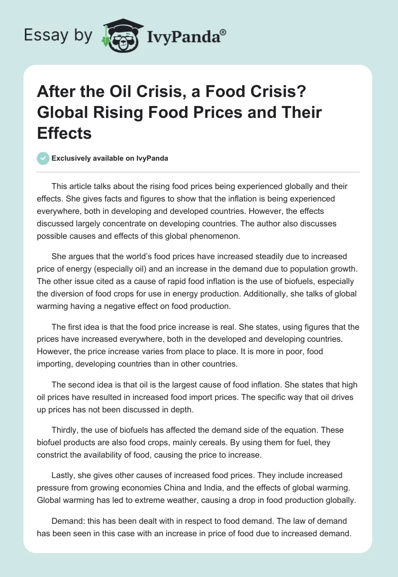 After the Oil Crisis, a Food Crisis? Global Rising Food Prices and Their Effects. Page 1