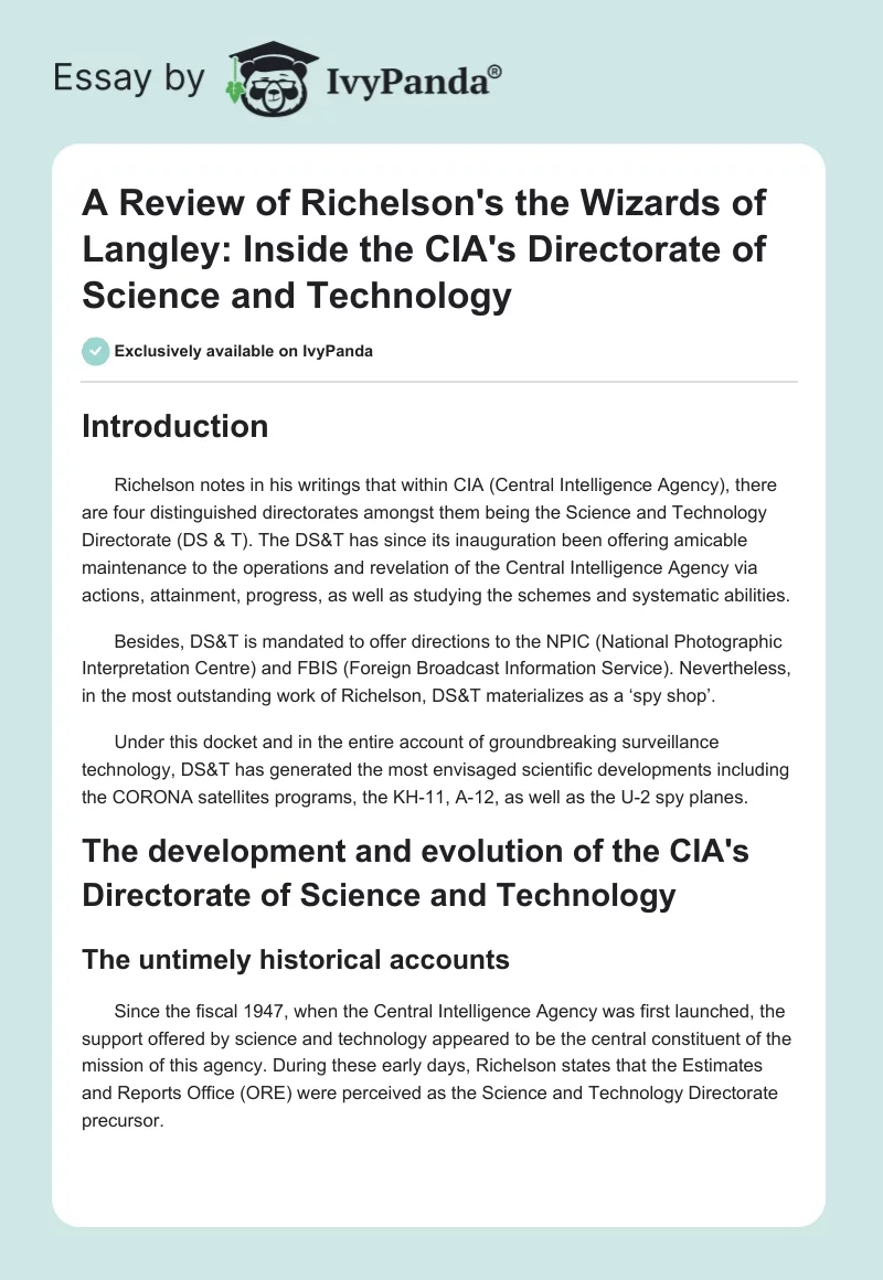A Review of Richelson's the Wizards of Langley: Inside the CIA's Directorate of Science and Technology. Page 1