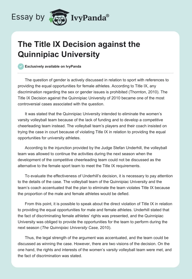 The Title IX Decision against the Quinnipiac University. Page 1