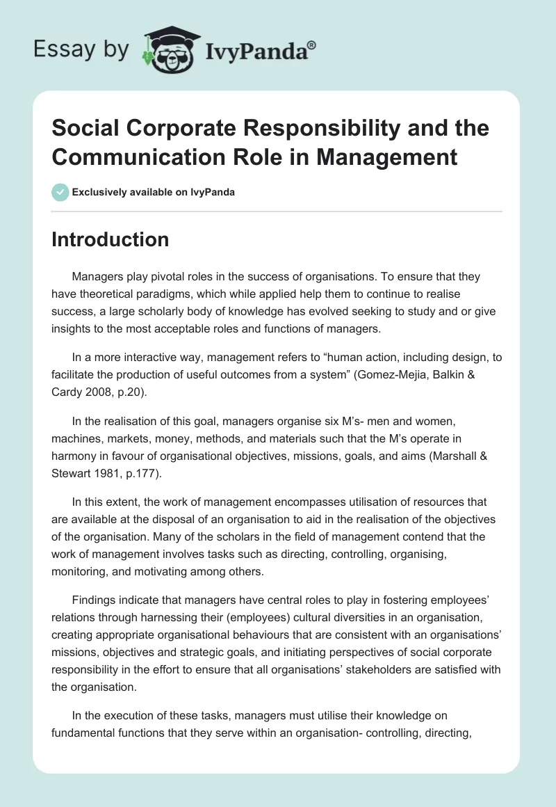 Social Corporate Responsibility and the Communication Role in Management. Page 1