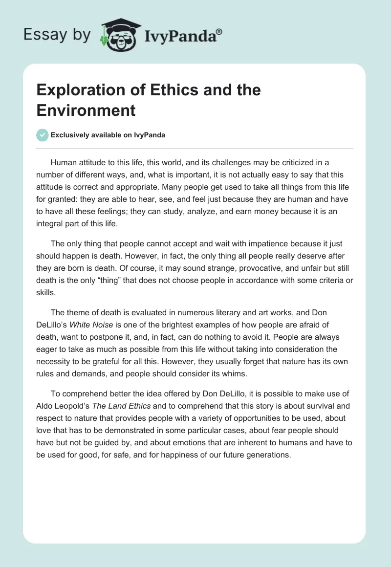 Exploration of Ethics and the Environment. Page 1