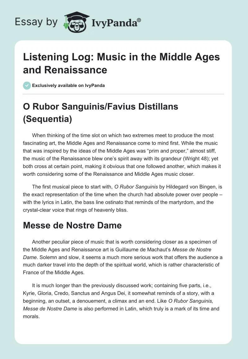 Listening Log: Music in the Middle Ages and Renaissance. Page 1