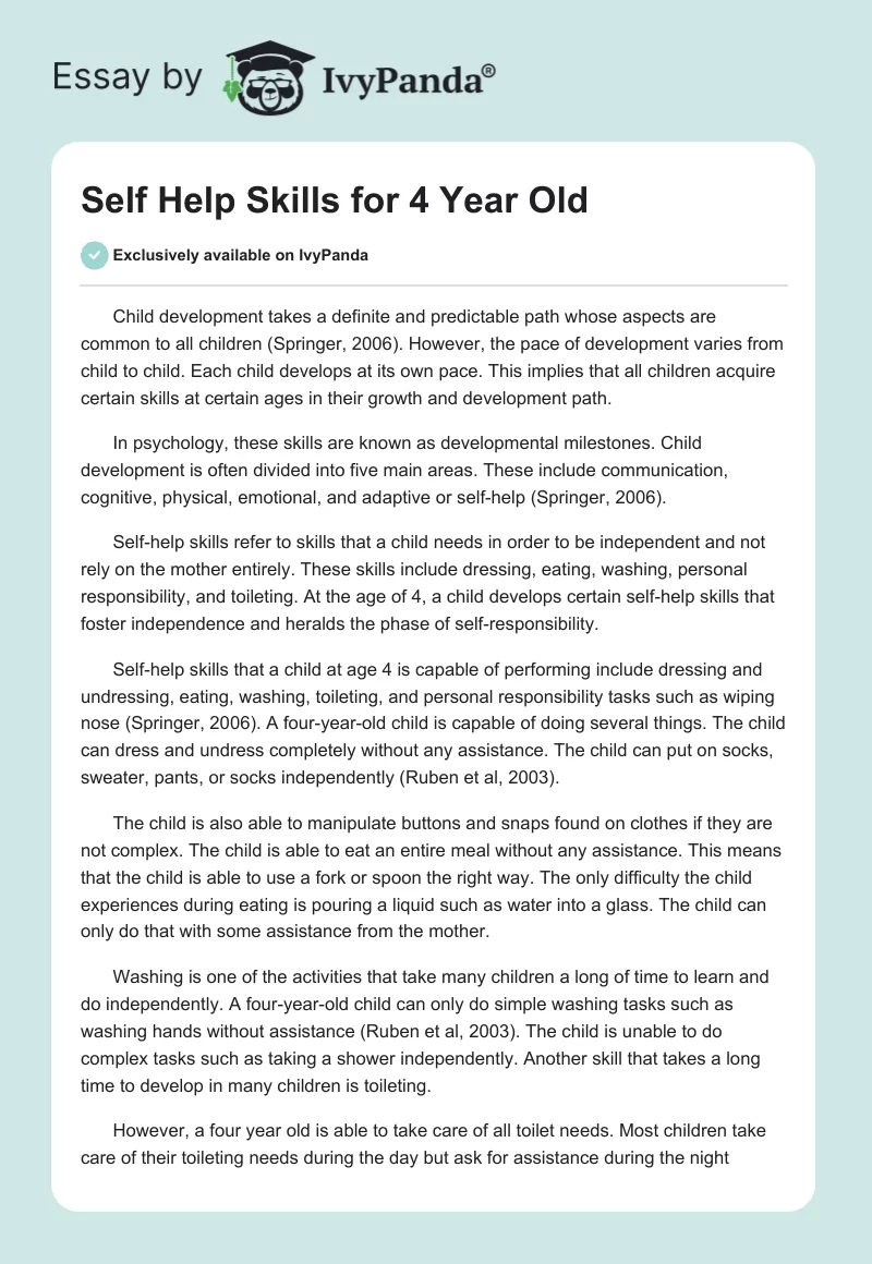 Self Help Skills for 4 Year Old. Page 1