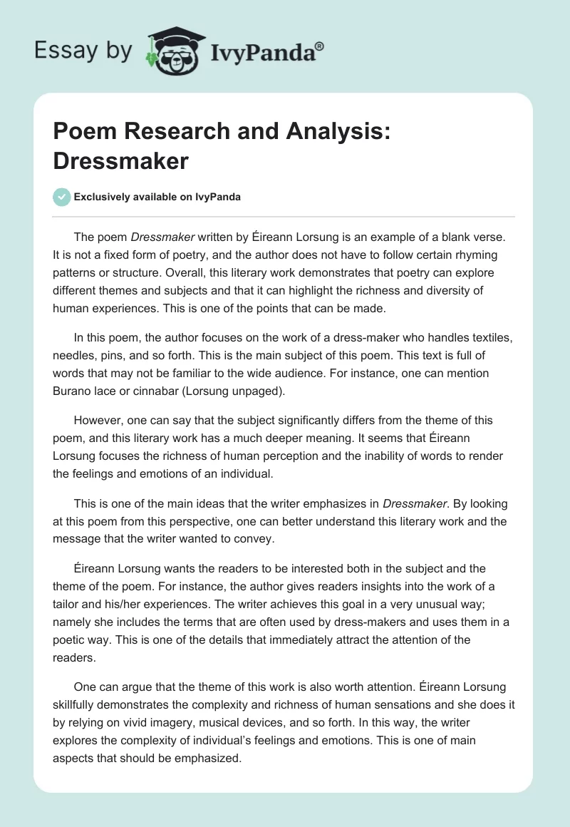 Poem Research and Analysis: Dressmaker. Page 1