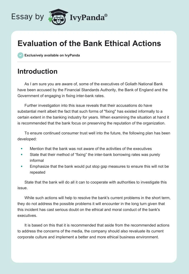 Evaluation of the Bank Ethical Actions. Page 1