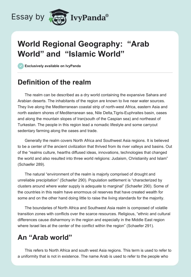 World Regional Geography:  “Arab World” and  “Islamic World”. Page 1