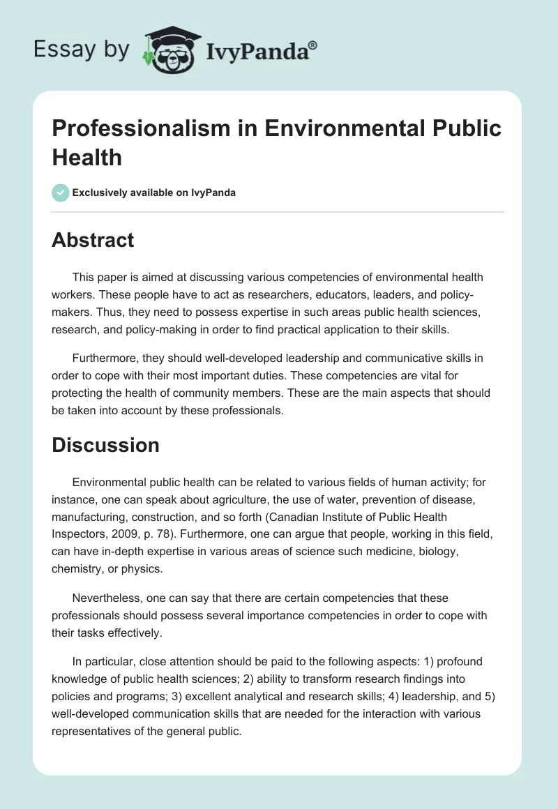 Professionalism in Environmental Public Health. Page 1