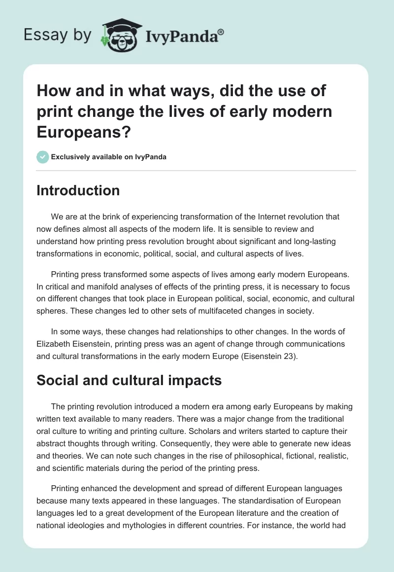 How and in what ways, did the use of print change the lives of early modern Europeans?. Page 1