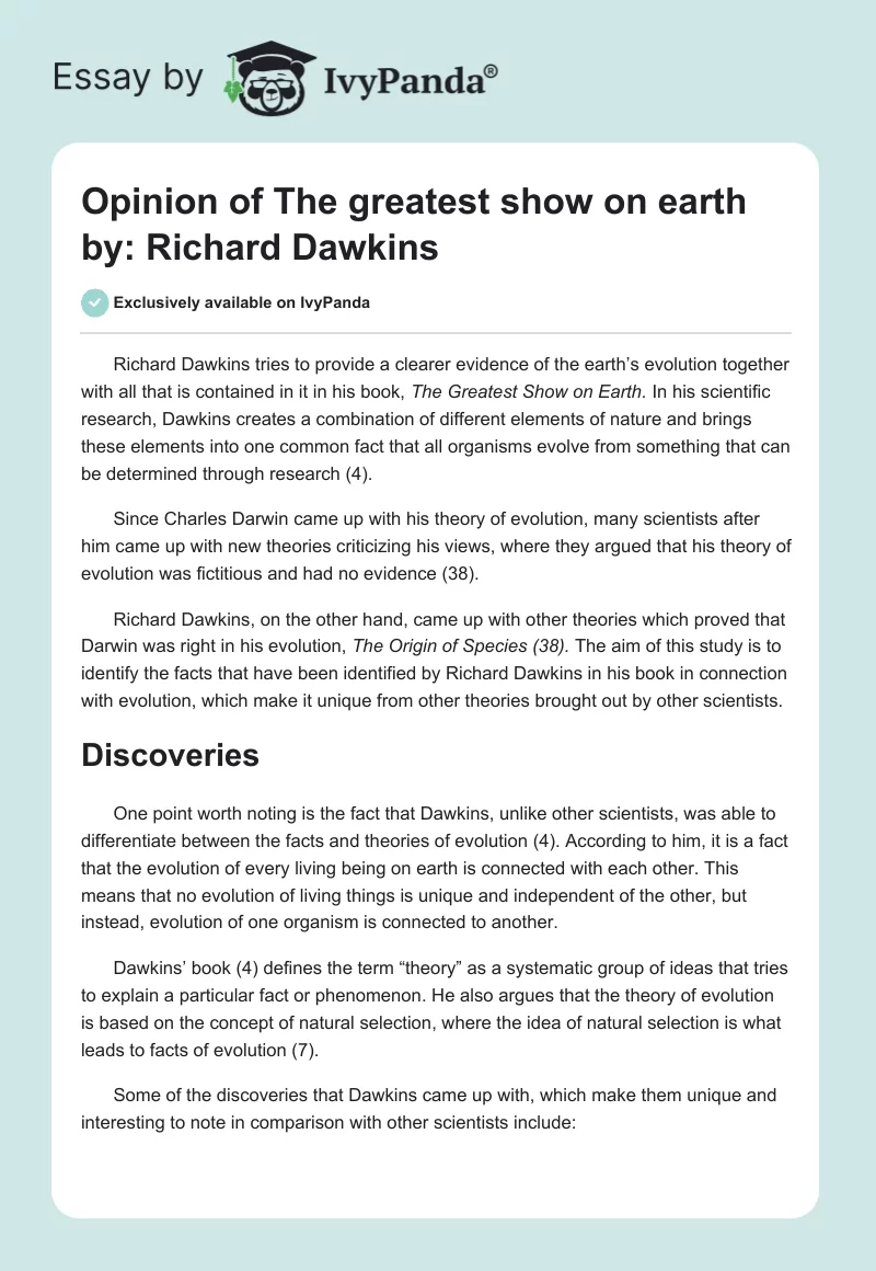Opinion of The greatest show on earth by: Richard Dawkins. Page 1