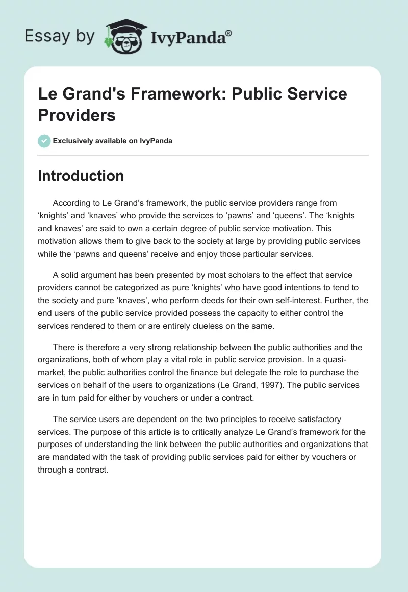 Le Grand's Framework: Public Service Providers. Page 1
