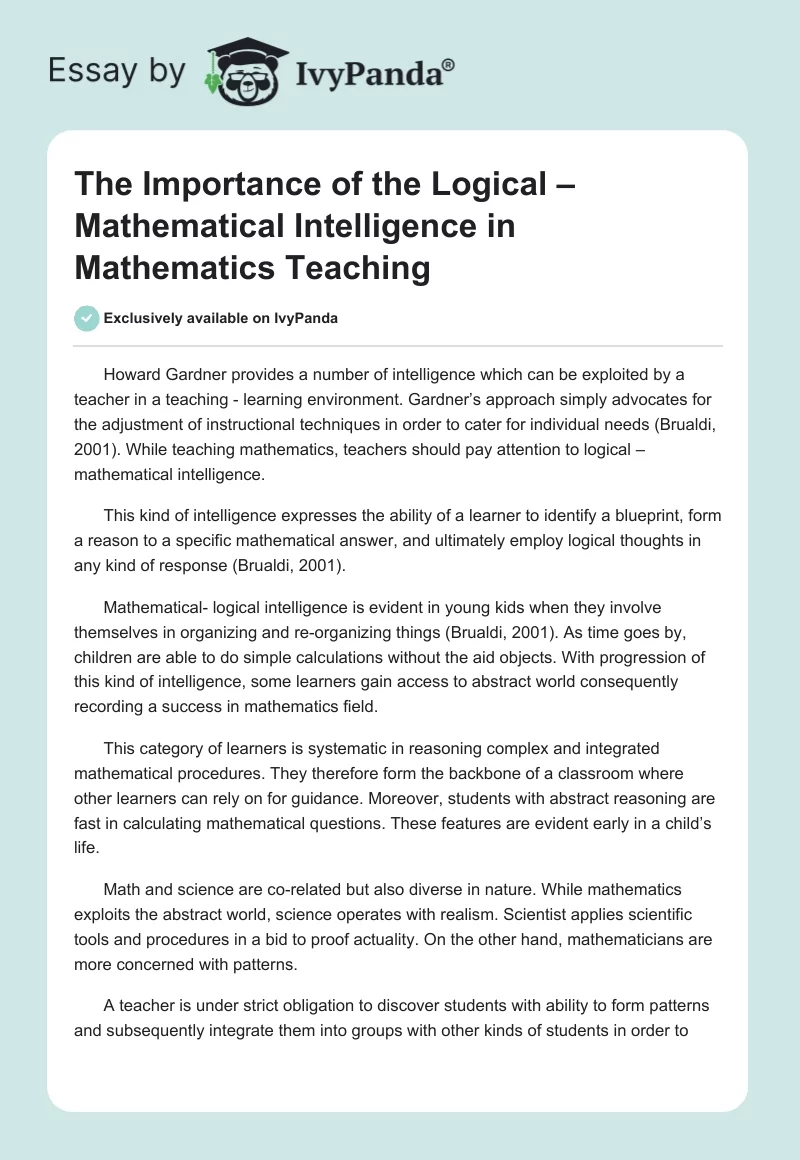 The Importance of the Logical – Mathematical Intelligence in Mathematics Teaching . Page 1