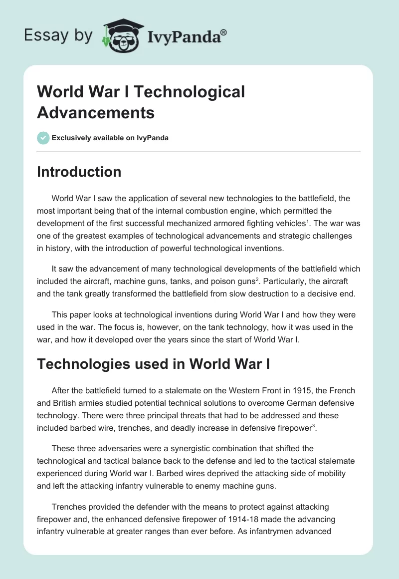 World War I Technological Advancements. Page 1