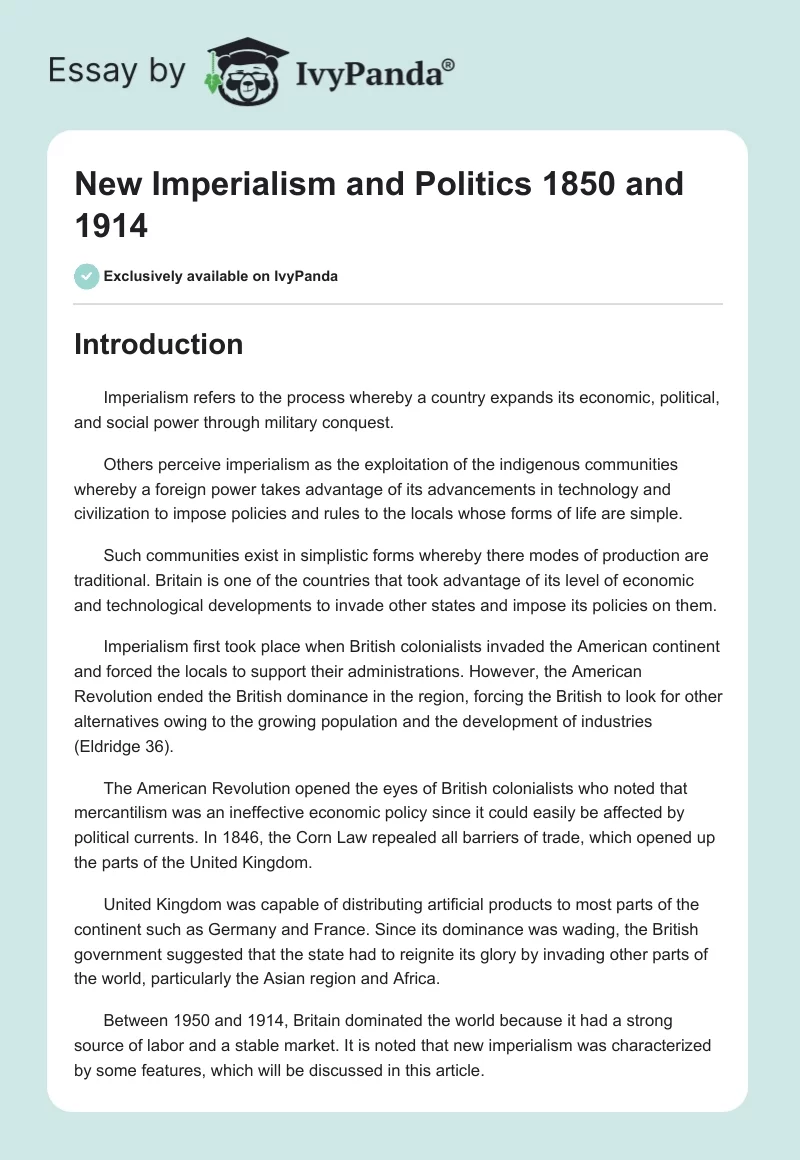 New Imperialism and Politics 1850 and 1914. Page 1