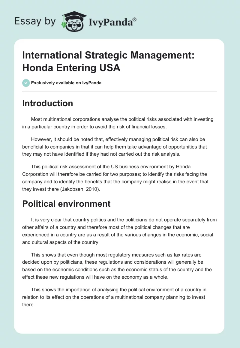 International Strategic Management: Honda Entering USA. Page 1