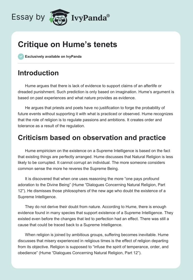 Critique on Hume’s tenets. Page 1