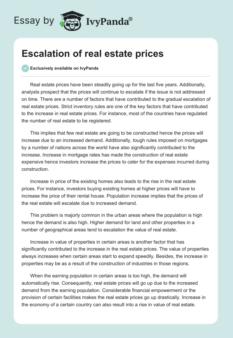 Escalation of real estate prices. Page 1
