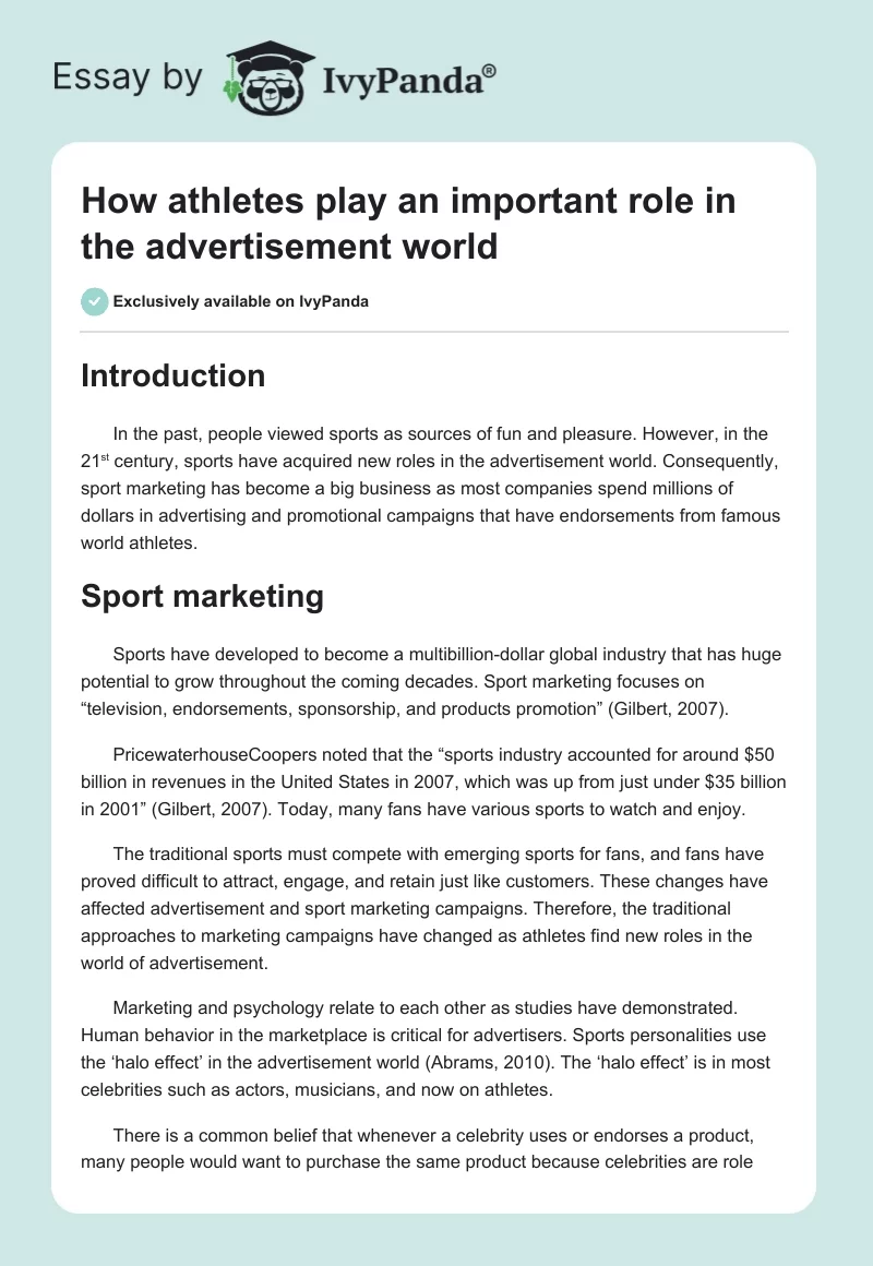 How athletes play an important role in the advertisement world. Page 1