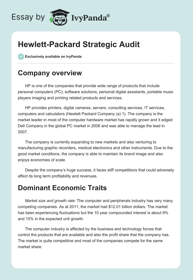 Hewlett-Packard Strategic Audit. Page 1