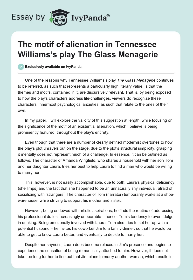 The Motif of Alienation in Tennessee Williams’s Play The Glass Menagerie. Page 1