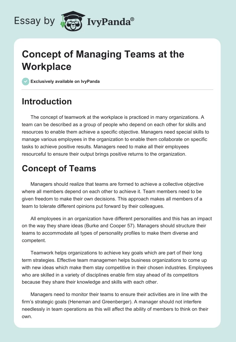 Concept of Managing Teams at the Workplace. Page 1