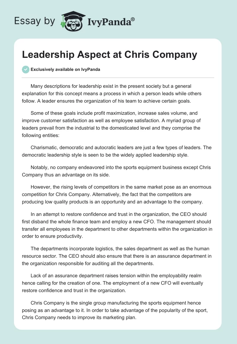 Leadership Aspect at Chris Company. Page 1
