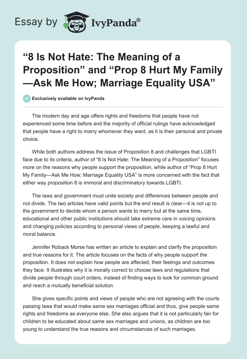 “8 Is Not Hate: The Meaning of a Proposition” and “Prop 8 Hurt My Family—Ask Me How; Marriage Equality USA”. Page 1