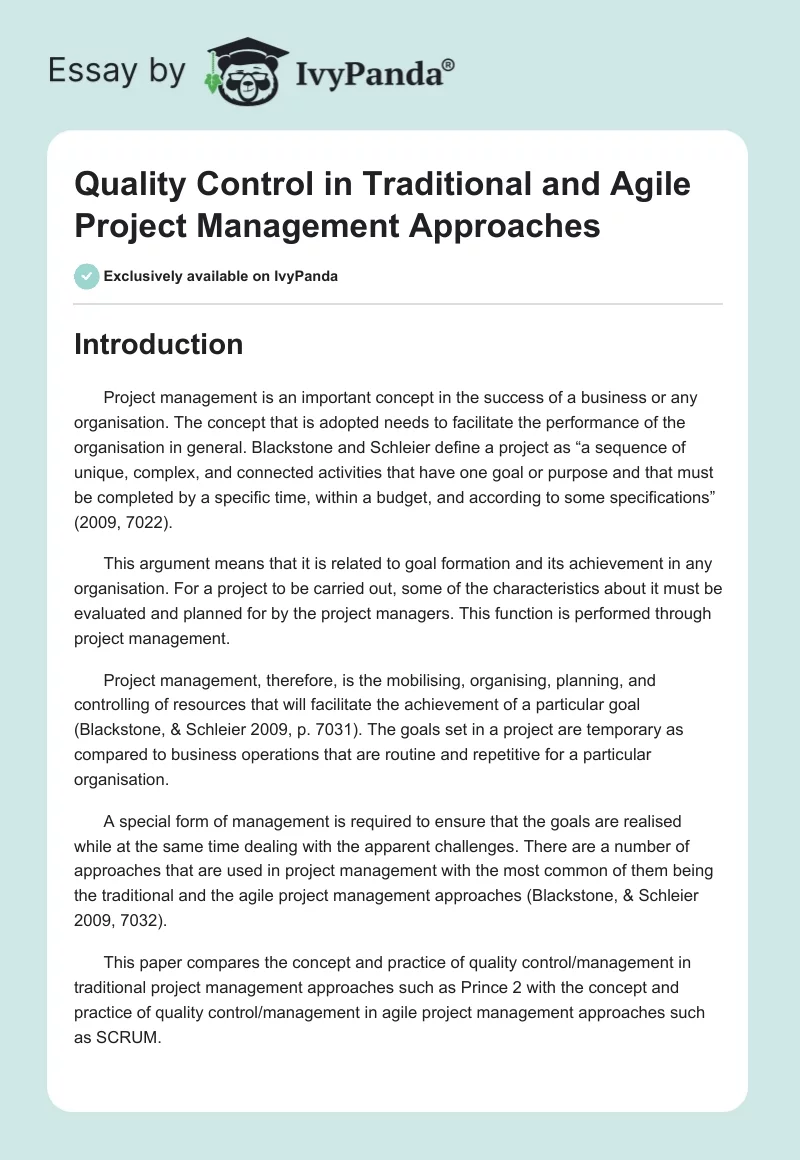 Quality Control in Traditional and Agile Project Management Approaches. Page 1