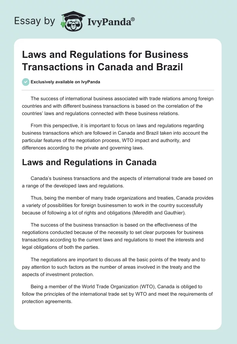 Laws and Regulations for Business Transactions in Canada and Brazil. Page 1