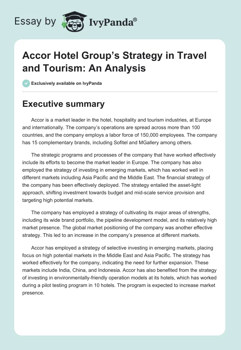 Accor Hotel Group’s Strategy in Travel and Tourism: An Analysis. Page 1