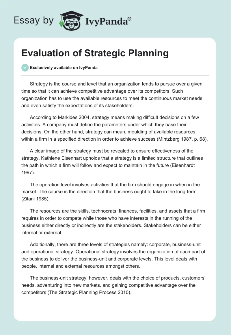 Evaluation of Strategic Planning. Page 1