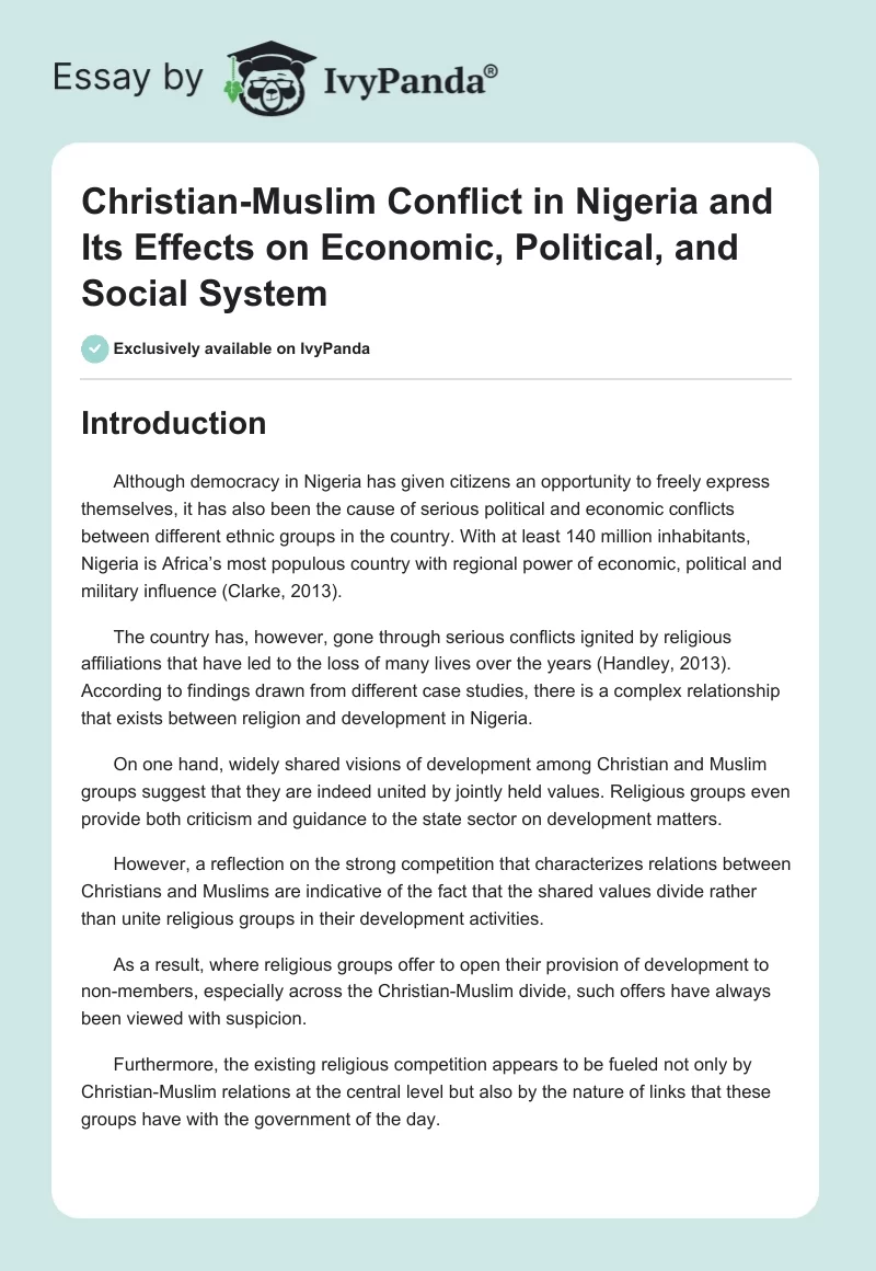 Christian-Muslim Conflict in Nigeria and Its Effects on Economic, Political, and Social System. Page 1