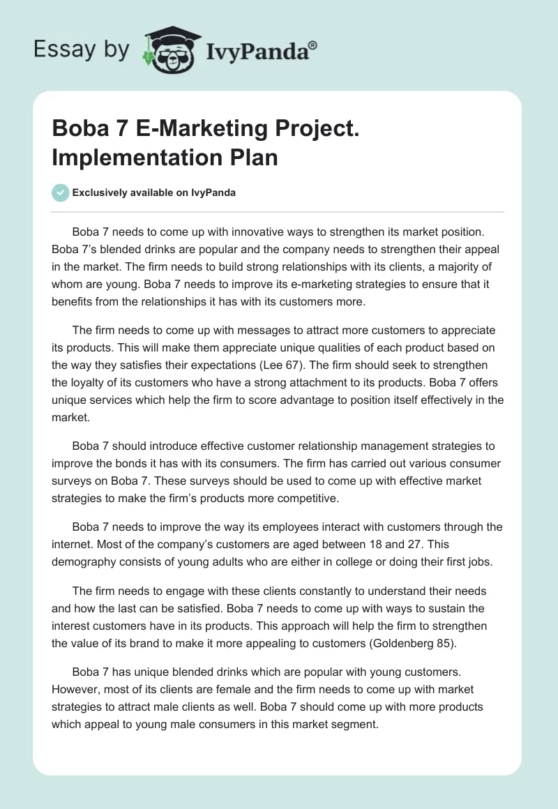 Boba 7 E-Marketing Project. Implementation Plan. Page 1