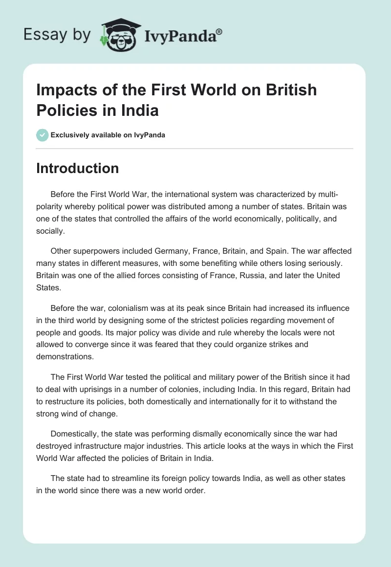 Impacts of the First World on British Policies in India. Page 1