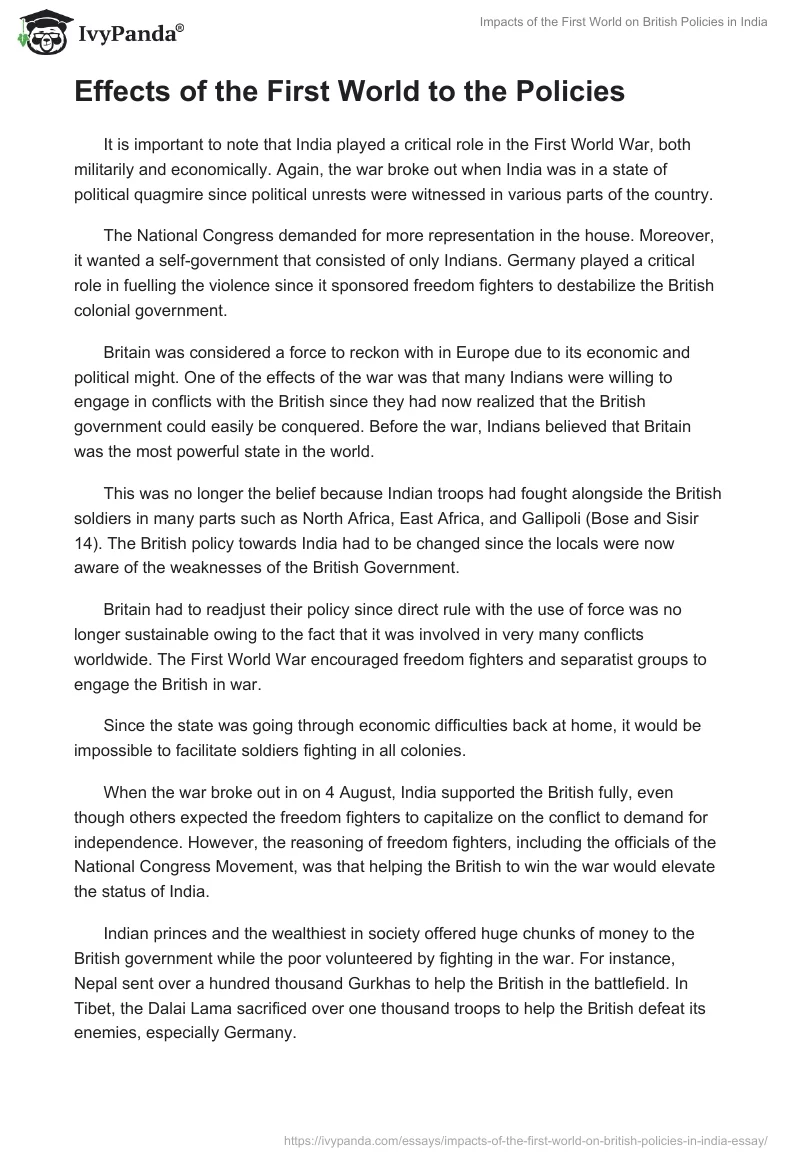 Impacts of the First World on British Policies in India. Page 2