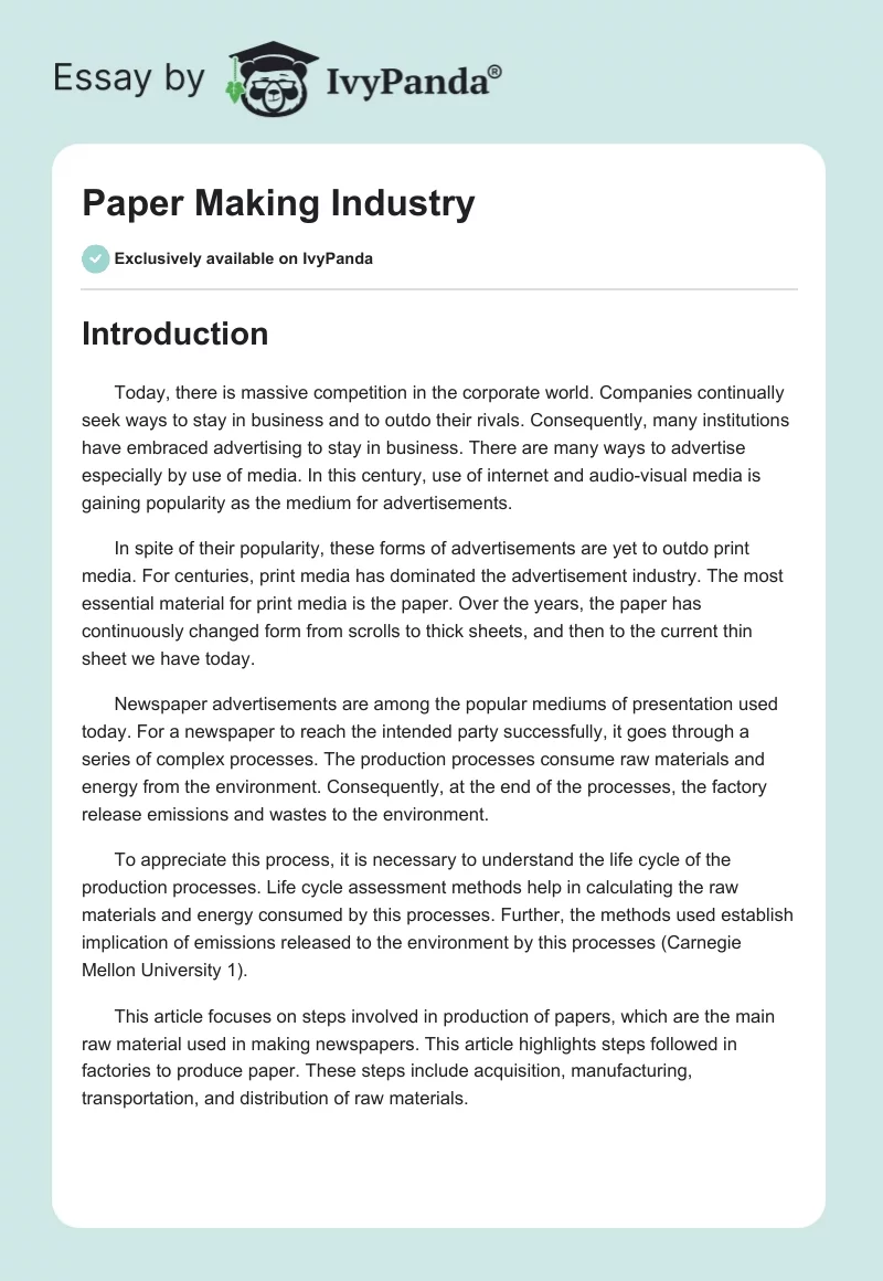 Paper Making Industry. Page 1
