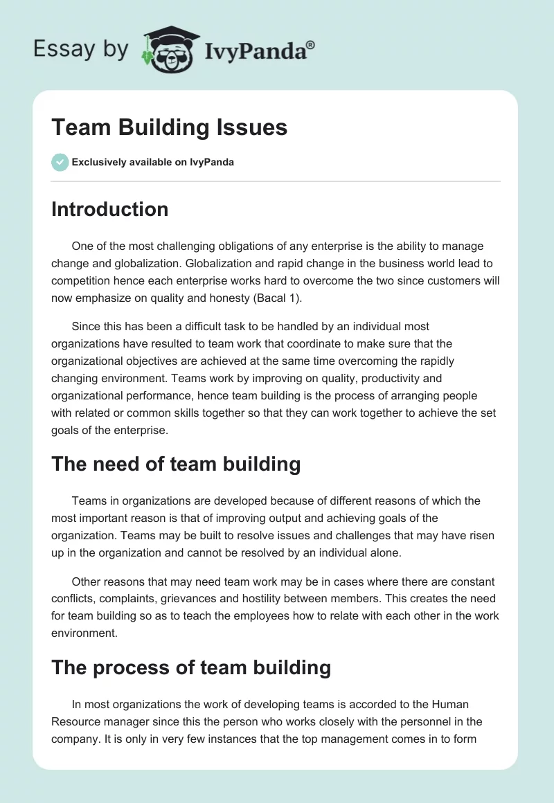 Team Building Issues. Page 1
