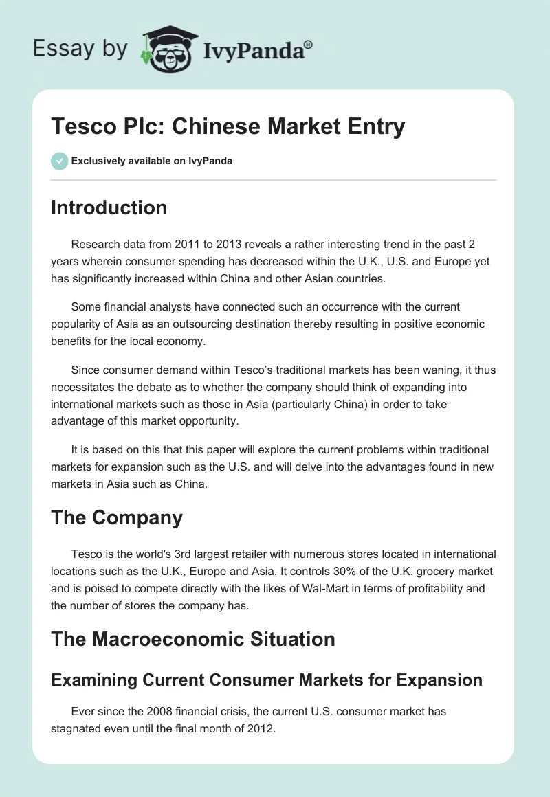 Tesco Plc: Chinese Market Entry. Page 1