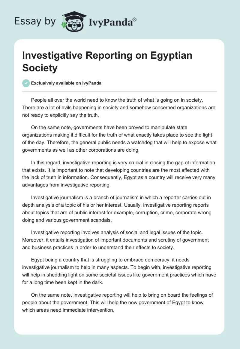 Investigative Reporting on Egyptian Society. Page 1