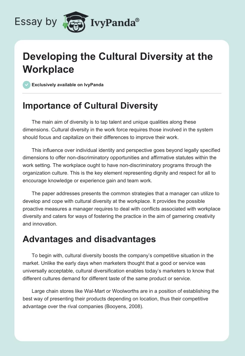 Developing the Cultural Diversity at the Workplace. Page 1
