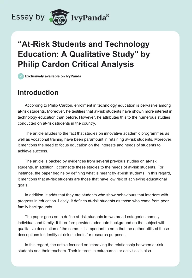 “At-Risk Students and Technology Education: A Qualitative Study” by Philip Cardon Critical Analysis. Page 1