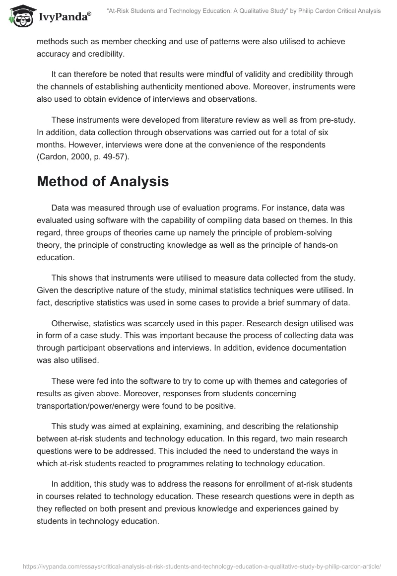 “At-Risk Students and Technology Education: A Qualitative Study” by Philip Cardon Critical Analysis. Page 3