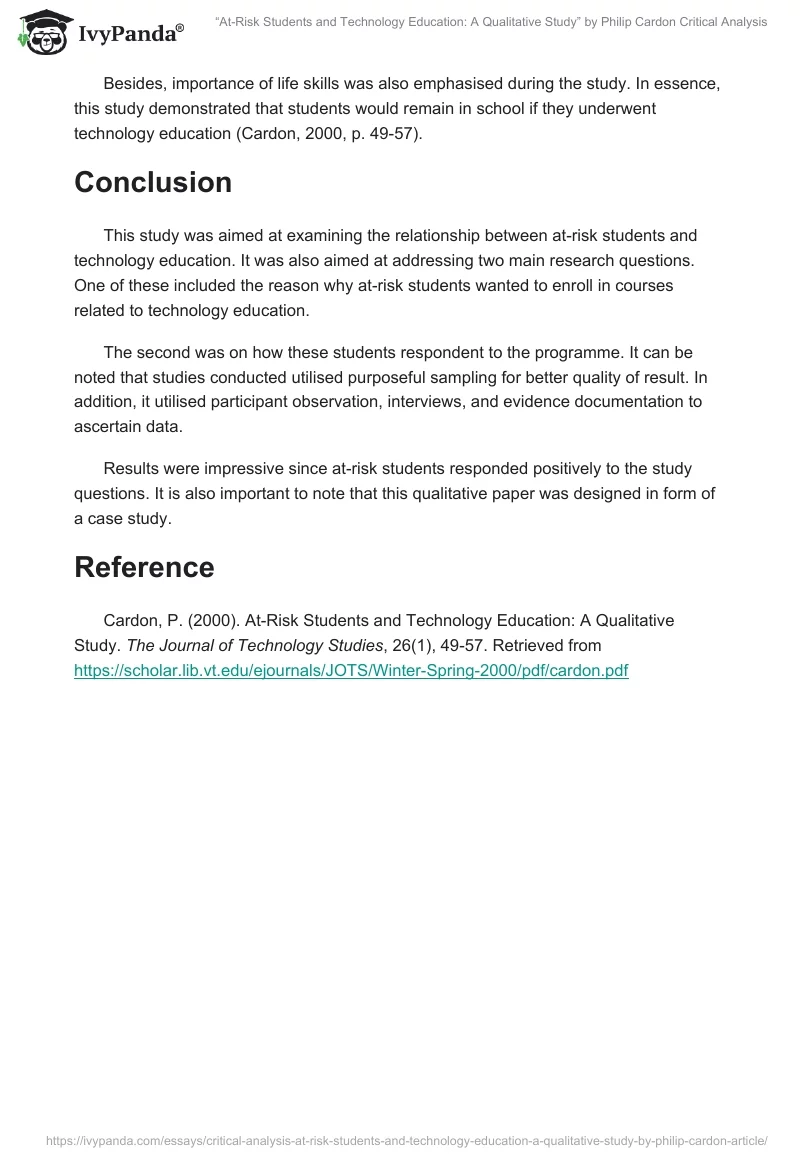 “At-Risk Students and Technology Education: A Qualitative Study” by Philip Cardon Critical Analysis. Page 5