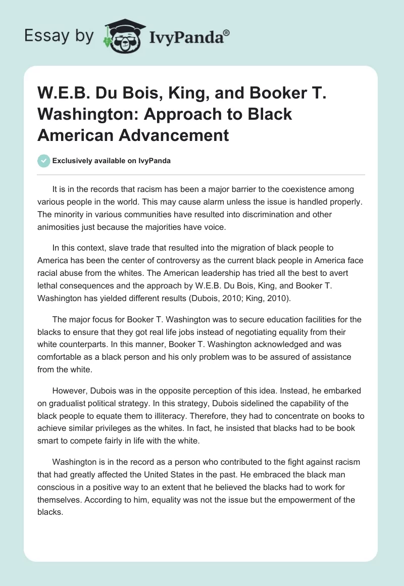 W.E.B. Du Bois, King, and Booker T. Washington: Approach to Black American Advancement. Page 1