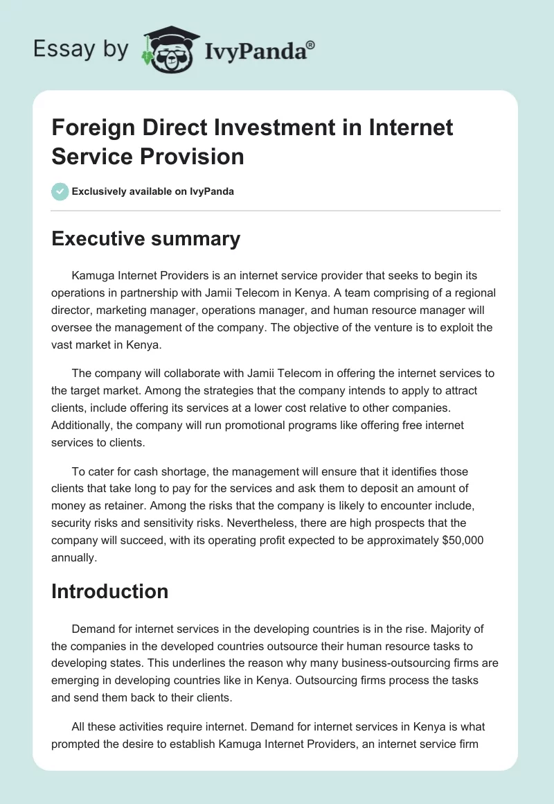 Foreign Direct Investment in Internet Service Provision. Page 1