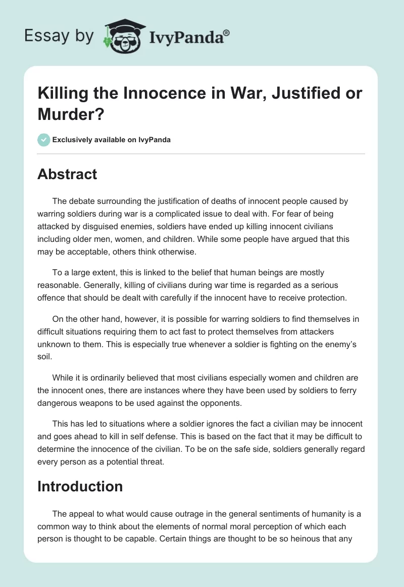 Killing the Innocence in War, Justified or Murder?. Page 1