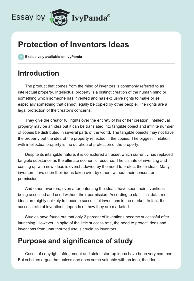 Protection of Inventors Ideas. Page 1