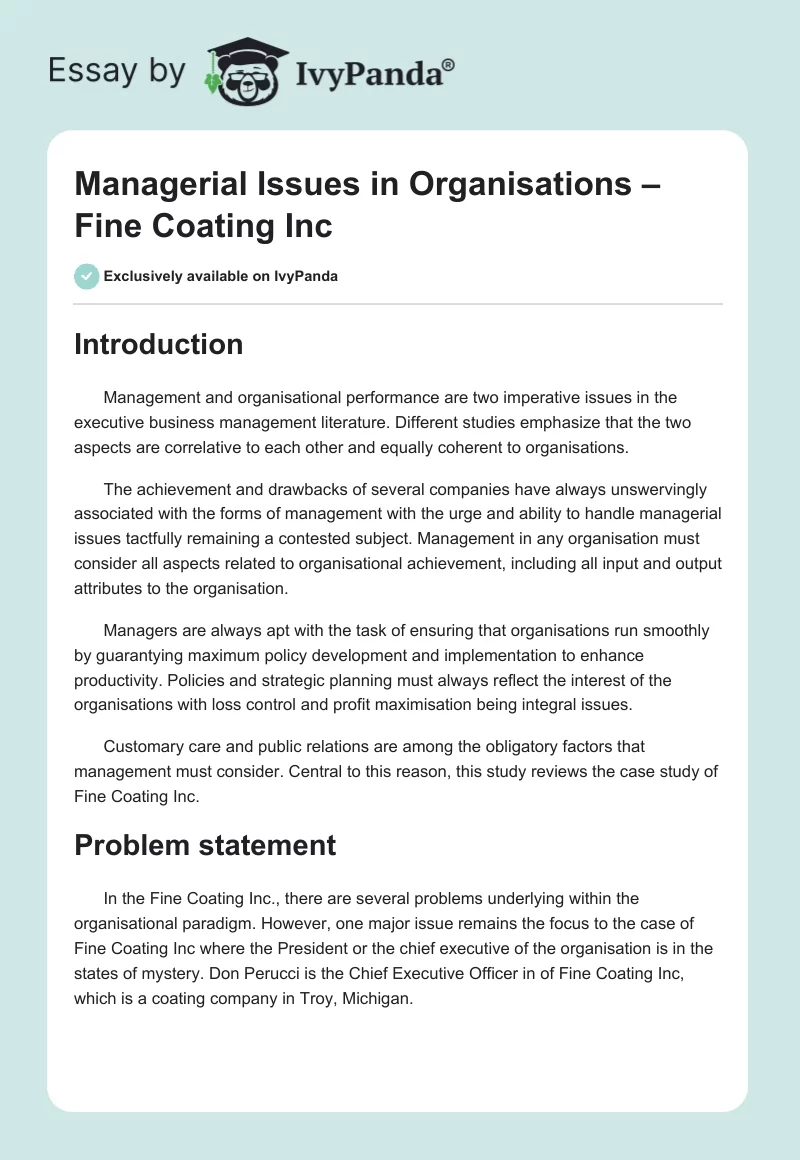 Managerial Issues in Organisations – Fine Coating Inc. Page 1