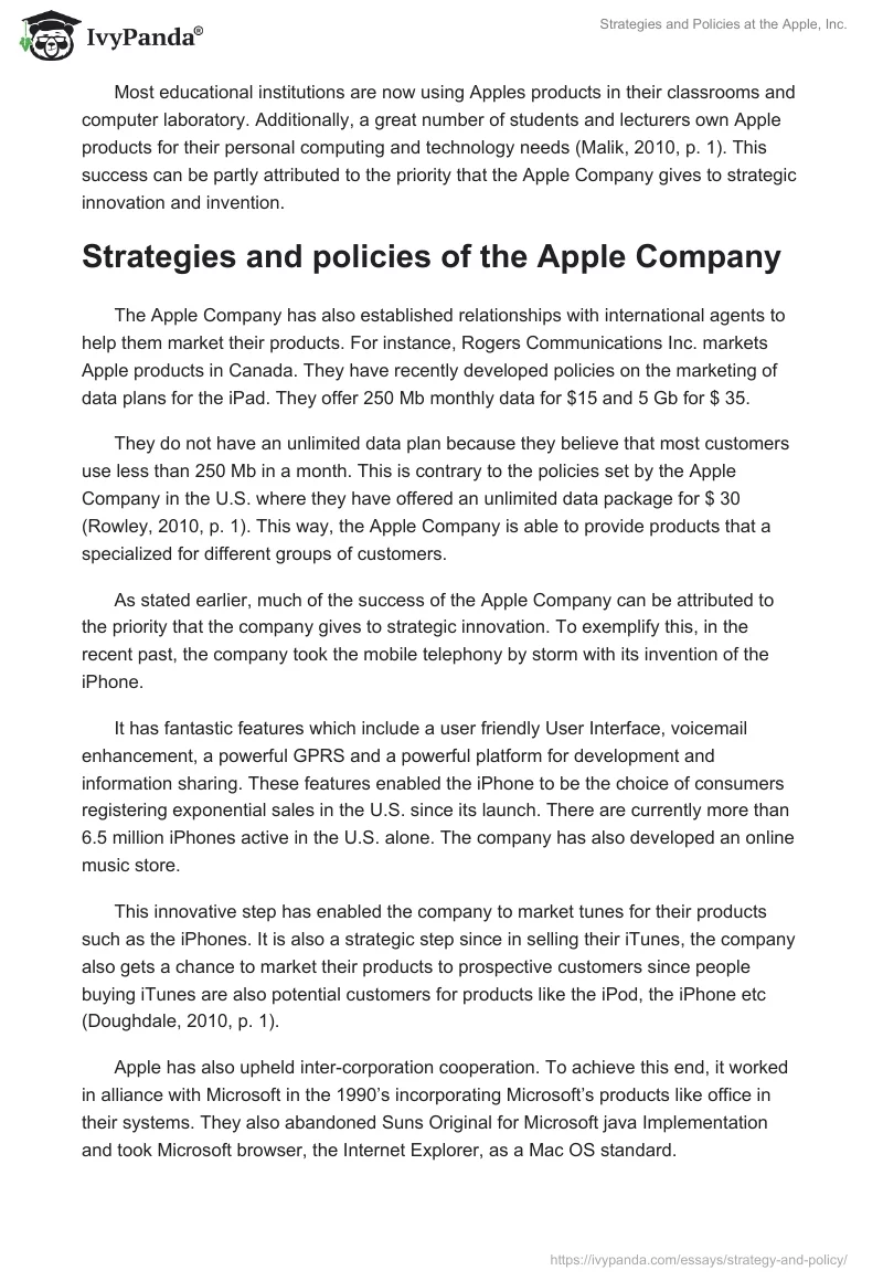 Strategies and Policies at the Apple, Inc.. Page 2
