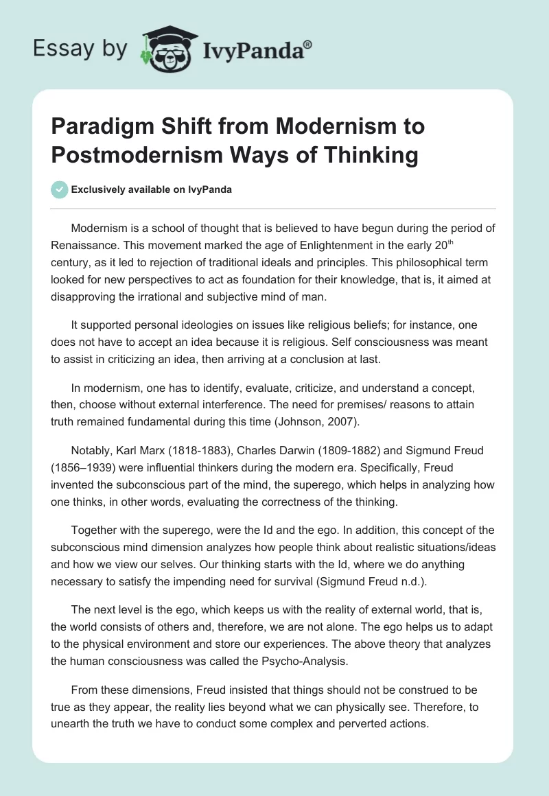 Paradigm Shift From Modernism to Postmodernism Ways of Thinking. Page 1