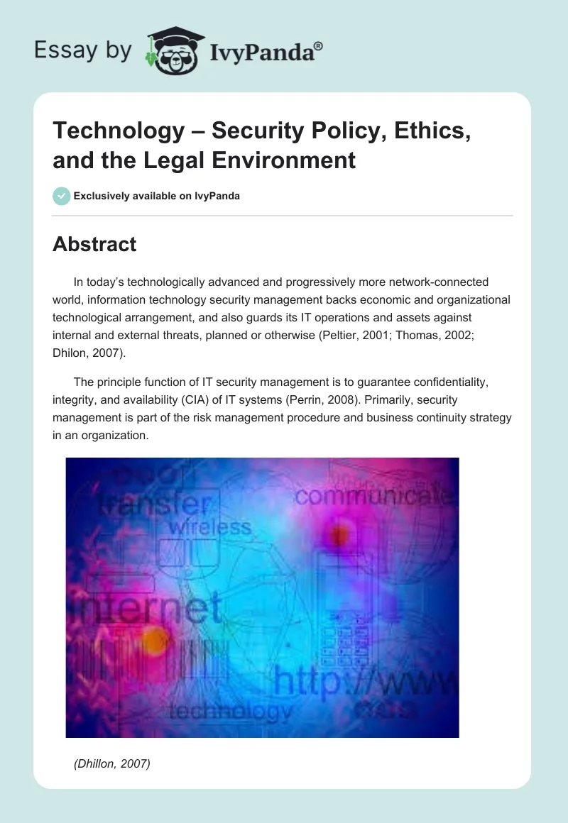 Technology – Security Policy, Ethics, and the Legal Environment. Page 1
